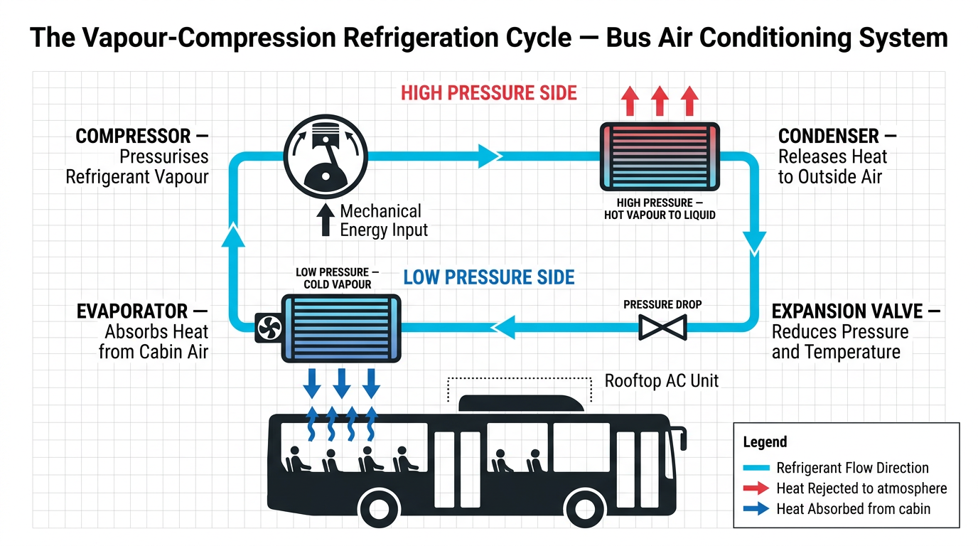Schematic diagram illustrating the four-stage vapour-compression refrigeration cycle in a bus air conditioning system, showing the compressor, condenser, expansion valve, and evaporator connected in a closed refrigerant loop, with heat rejection at the condenser and heat absorption at the evaporator indicated by directional arrows.